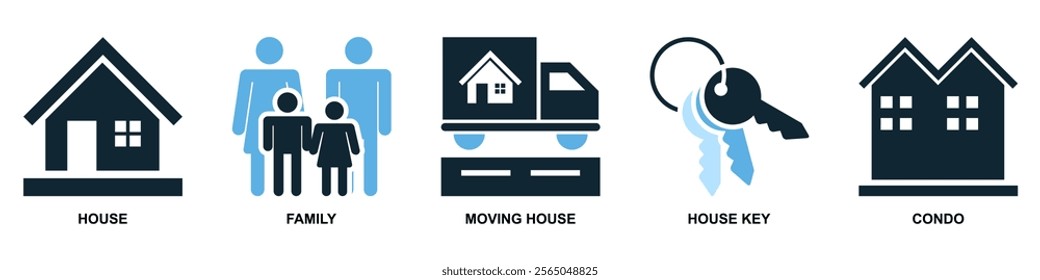 Real estate property, house residential building architecture. Containing house moving, family people and key vector glyphs pictogram sign icon symbol ui and ux design