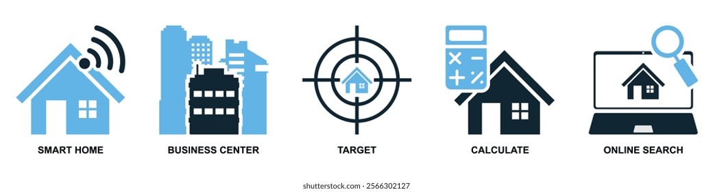 Real estate property, house residential building architecture. Containing smart home, calculate and buyer vector glyphs pictogram sign icon symbol ui and ux design