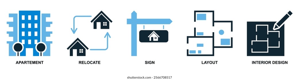 Real estate property, house residential building architecture. Containing apartment, house relocate and floor plan vector glyphs pictogram sign icon symbol ui and ux design