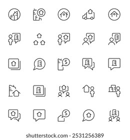 Real Estate and Property Icon Set. A collection of icons for real estate and property communication, featuring house symbols, chat bubbles, people, and financial elements in a minimalist