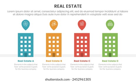 real estate property infographic template banner with hotel building horizontal with pin tag location marker with 4 point list information for slide presentation vector