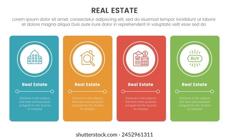 real estate property infographic template banner with vertical box and circle inside with 4 point list information for slide presentation vector