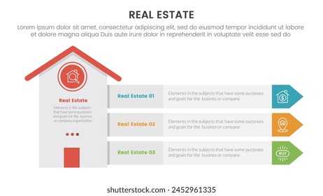 real estate property infographic template banner with tall height building with arrow rectangle stack box with 3 point list information for slide presentation vector