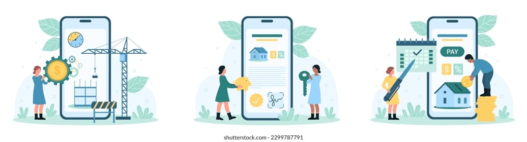 Real estate, property insurance and investment set vector illustration. Cartoon tiny people invest money in building of family house, sign purchase contract, pay rent or or mortgage fee online