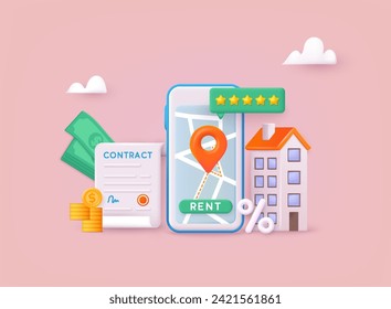 Real estate, property insurance and investment set vector illustration. Buy real estate and pay credit to bank. Abstract ownership agreement visualization. 3D Vector Illustrations.