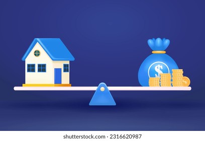 Real estate property investment or insurance. Vector 3d model of a house and a bag of money balance on a seesaw