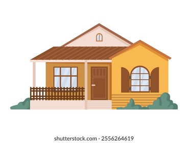 Real estate property, isolated facade of cottage with classic exterior architecture. Vector home with porch and entrance, building in city or rural area. House or townhouse with simple design