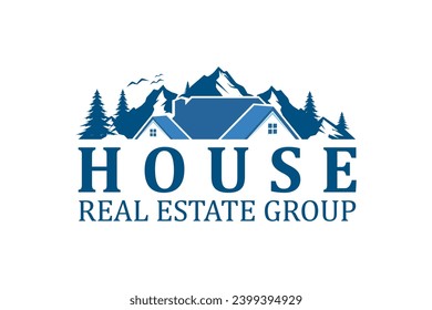 Real estate property logo with rocky mountain background, circular frame logo badge template.