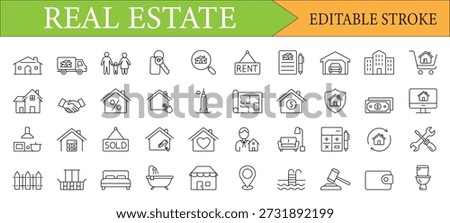 Real Estate and Property Management Line Icon Set with Editable Stroke
