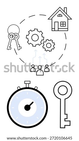 Real estate, property management, teamwork, time management, home ownership, key security. Visuals include house, keys stopwatch gears and people icons. Real estate and property management concept