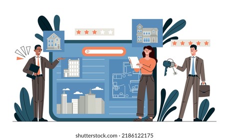 Real estate property. Men and girl estimate cost of house, analytical department. Transaction consultants and assistants. Investing savings, financial literacy. Cartoon flat vector illustration