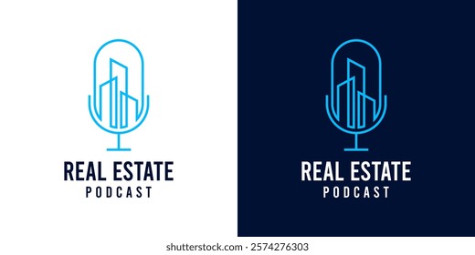 Real estate property podcast logo design icon template. Microphone icon with town city building podcast vector illustration design symbol. Urban talk podcast logo icon.