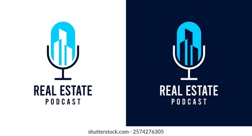 Real estate property podcast logo design icon template. Microphone icon with town city building podcast vector illustration design symbol. Urban talk podcast logo icon.