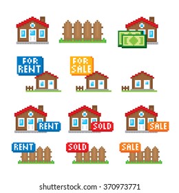 Real estate property rent and sale icons set. Pixel art. Old school computer graphic style.