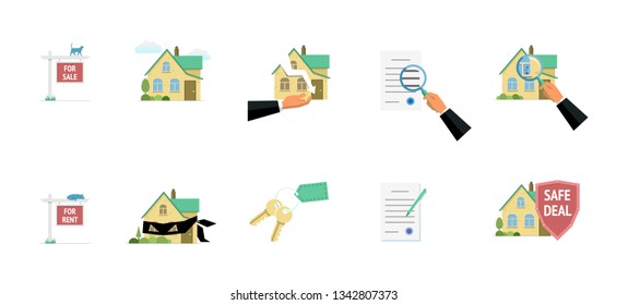 Real estate property sale rent risk fraud safe deal elements. Vector modern flat illustration set