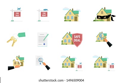 Real estate property sale rent risk fraud safe deal elements. Vector modern flat illustration set