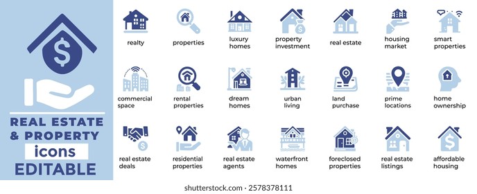 Real Estate and Property vector icons: sleek, editable designs for realtors, housing, rentals, investment, and construction