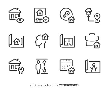 Iconos de línea vectorial de bienes raíces y propiedades. Juego de iconos de construcción, casa, apartamento y propiedad de la vivienda.