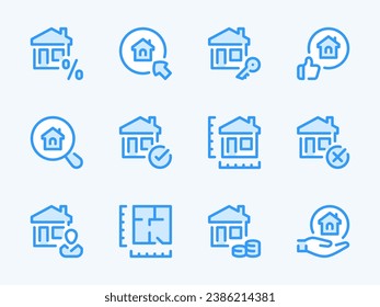 Real Estate and Property vector line icons. Building and Apartment ownership outline icon set. Mortgage, Price, Research, Discount, Plan, Calculations, House and more.