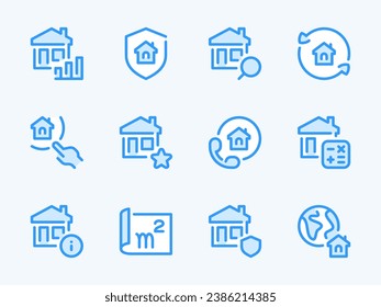 Real Estate and Property vector line icons. Building and Apartment ownership outline icon set. Protection, Information, Report, Plan, Calculations, House and more.