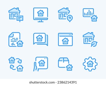 Real Estate and Property vector line icons. Building and Apartment ownership outline icon set. Online Agency, Contract, Report, Flipping, House Market Research and more.