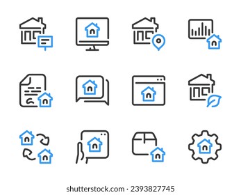 Iconos de línea vectorial de bienes raíces y propiedades. Juego de iconos de construcción, casa, apartamento y propiedad de la vivienda.
