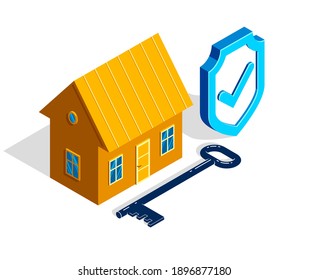 Real estate protection house simple vector 3d isometric illustration isolated on white, realty insurance concept, icon or logo.