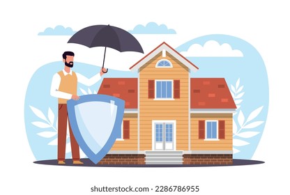 Real estate protection and insurance for your home. Security safety system for building, man hold shield and umbrella. Protect property from accident. Cartoon flat illustration. Vector concept