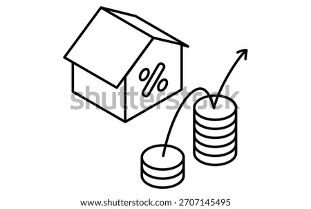 Real Estate Purchase, Simple Line Drawing Isometric Illustration of Variable Mortgage Rates and Interest Rate Increases, black and white, Vector Illustration