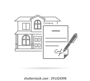 Real estate purchasing contract with signature. Contour icon isolated on white