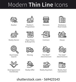 Real Estate Realtor Deals Full Icon Set. For Sale And Rent Signs. House Floor Plans, Keychain, Realty Calculator & More. Thin Black Line Art. Linear Style Illustrations Isolated On White.