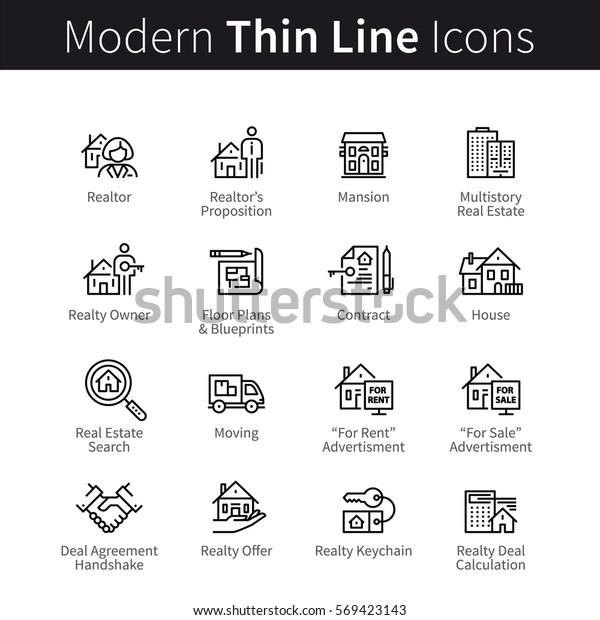 Real estate realtor deals full icon set. For sale\
and rent signs. House floor plans, keychain, realty calculator\
& more. Thin black line art. Linear style illustrations\
isolated on white.