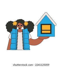 Real estate realtor girl holding a house in her hands. Real estate home property.