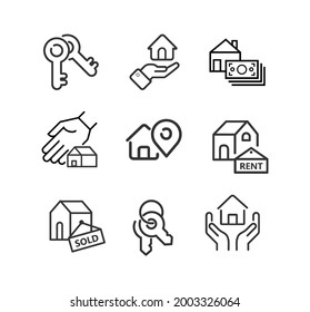 Real estate. Realtor. Vector line icon set. Buy, sell house