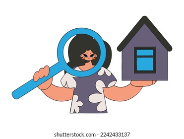 Real estate realtor woman holding house and magnifying glass. Investment in real estate.