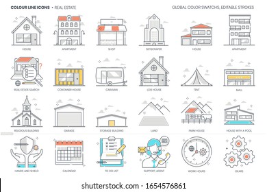 Immobilien bezogen, Farblinie, Vektorillustration Symbol, Bildsatz. Das Set dreht sich um Haus, Immobilien, Investitionen, Gebäude, Vermietung, Immobilien.