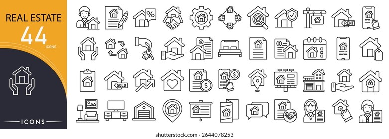 Coleções de ícones relacionados a imóveis. Contendo ícones de casa, propriedade, agente, aluguel, venda, prédio, chave, hipoteca, local e contrato. Contornar ícones.

