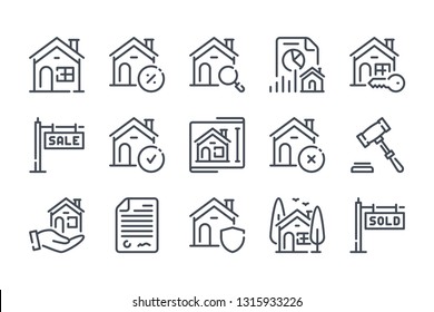 Real Estate Related Line Icons. Area And Mortage Vector Linear Icon Set.