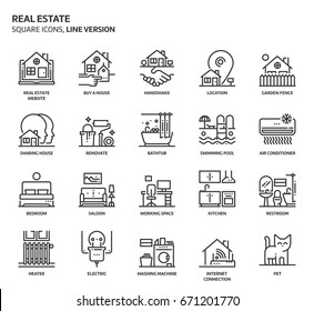 Real estate related, pixel perfect, editable stroke, up scalable vector icon set. 