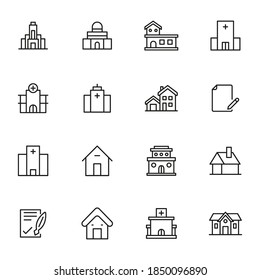 Real estate related vector icon set. Well-crafted sign in thin line style with editable stroke. Vector symbols isolated on a white background. Simple pictograms.