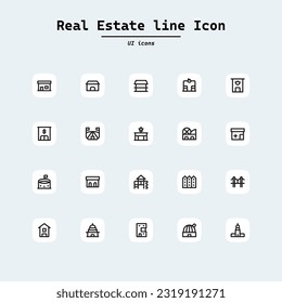 Real Estate related vector icons. Area and mortage vector linear icon set. Collection ui icons with squircle shape. Web Page, Mobile App, UI, UX design.