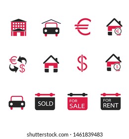 Real Estate Related Vector Line Icons set. Contains such Icons as For Rent Sign, Car, Home, Dollar, euro, money and more for graphic and web design