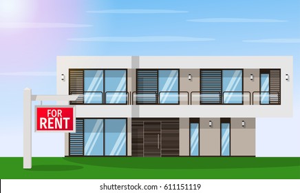 Real Estate for Rent. The house and sign in the foreground with the information. Vector flat design illustration.