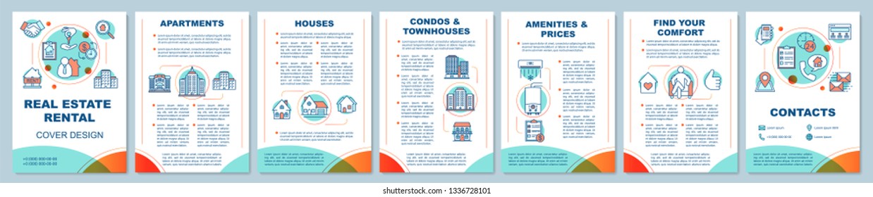 Real estate rental brochure template layout. Leasing of property.Flyer, booklet, leaflet print design with linear illustrations. Vector page layouts for magazines, annual report, advertising posters