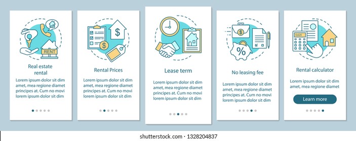 Real estate rental onboarding mobile app page screen with linear concepts. Choose housing type, price, term walkthrough steps graphic instructions. UX, UI, GUI vector template with illustrations