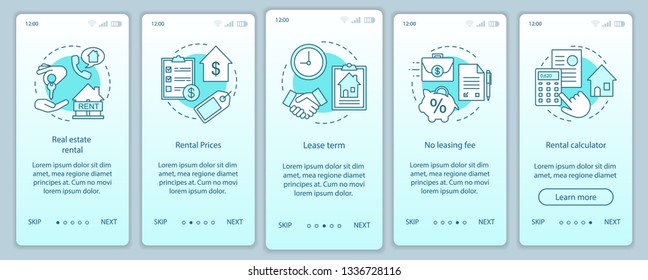 Real estate rental onboarding mobile app page screen with linear concepts. Property leasing prices, term walkthrough steps graphic instructions. UX, UI, GUI vector template with illustrations