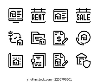 Real Estate, Rental Property and Realtor services line vector icons. House for rent and sale editable stroke outline icon set.