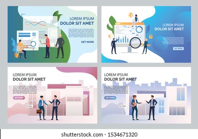 Real estate research illustration set. Agent and customer talking at building for sale. Business concept. Vector illustration for landing pages, presentation slide templates