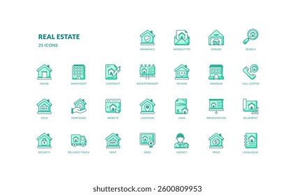 real estate residential housing property mortgage detailed filled line icon set