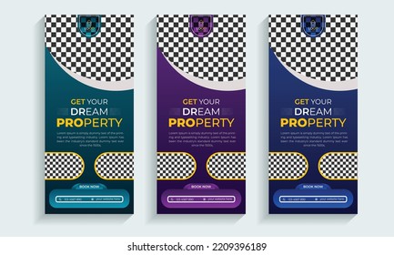 Real Estate roll up banner or cover design template,
Vertical, Horizontal and luxury background with standard size,
Modern  luxury property, home or house sale advertising post.